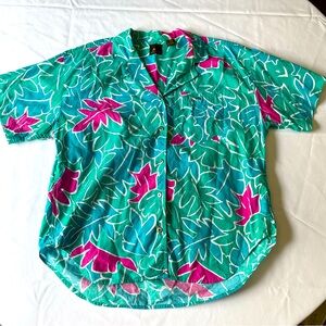Vintage Liz Sport Retro Button up Cotton Short Sleeve Shirt Teal Purple Size L